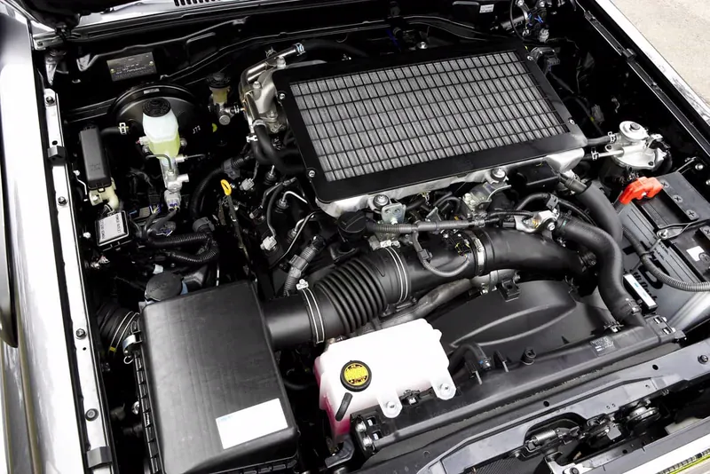 The engine bay of a Land Cruiser 70 Series V8 turbo diesel